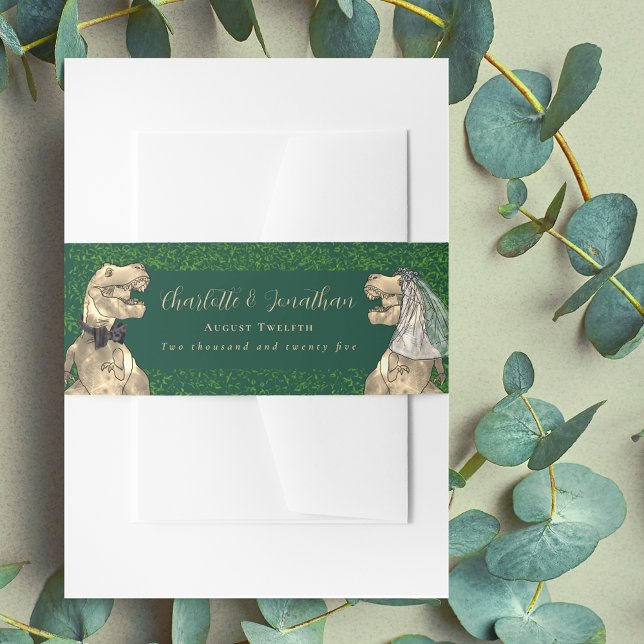 Cintas Para Invitaciones Boda Temática de Dinosaurios Personalizada (Dinosaur wedding dark green invitation custom belly bands watercolor eucalyptus foliage T-Rex dino)