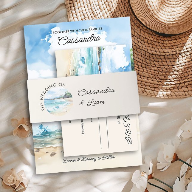 Cintas Para Invitaciones Boda temático de la playa de acuarela de verano (Wedding Invitation Belly Bands from the Summer Beach Wedding Collection by Darling & May)