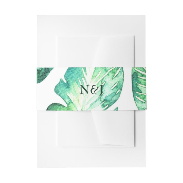 Cintas Para Invitaciones Boda Tropical de Hojas Blancas y Verdes de Playa (Anverso Ejemplo)
