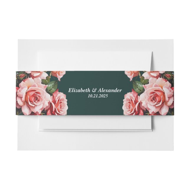 Cintas Para Invitaciones Boda verde rosa rosa y rosas rojas moodias oscuras (Anverso Ejemplo)