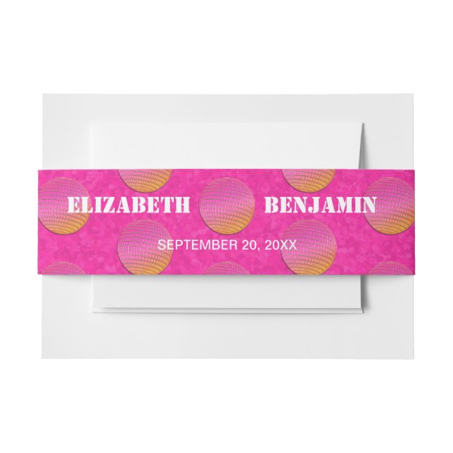 Cintas Para Invitaciones Bodas Retro Chic con Bolas de Discoteca Rosa Fuert (Anverso Ejemplo)