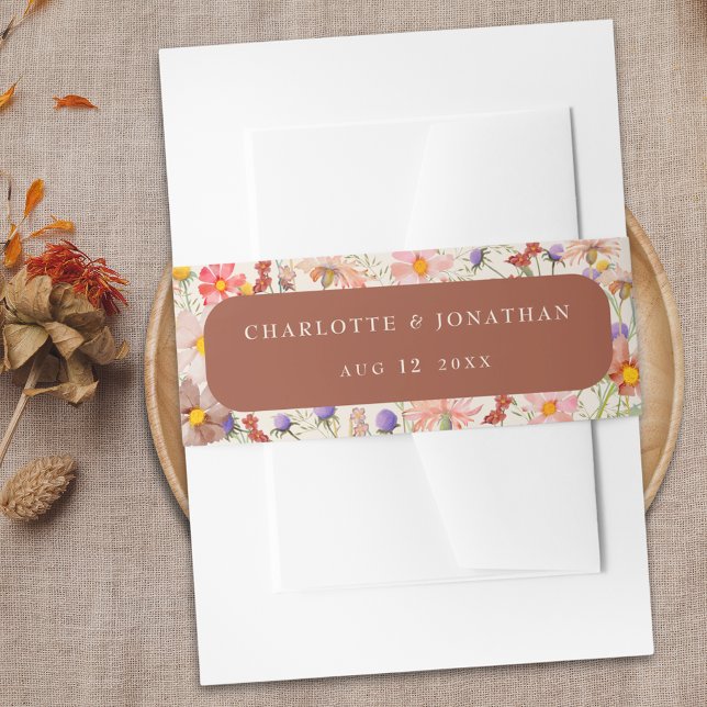Cintas Para Invitaciones Boho Cae Boda rústico floral Terracotta Beige (Boho fall rustic wildflower floral burnt orange terracotta & beige wedding invite custom belly band)
