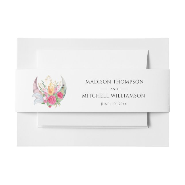 Cintas Para Invitaciones Boho Moon Crystals Feathers Pink Flowers Boda (Anverso Ejemplo)