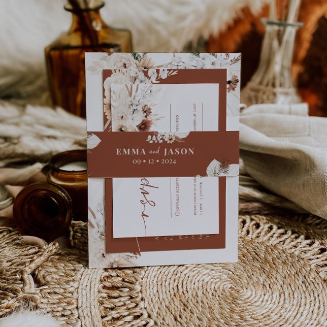 Cintas Para Invitaciones Boho Pampas Grass Terracotta Invitación Belly Band (Subido por el creador)