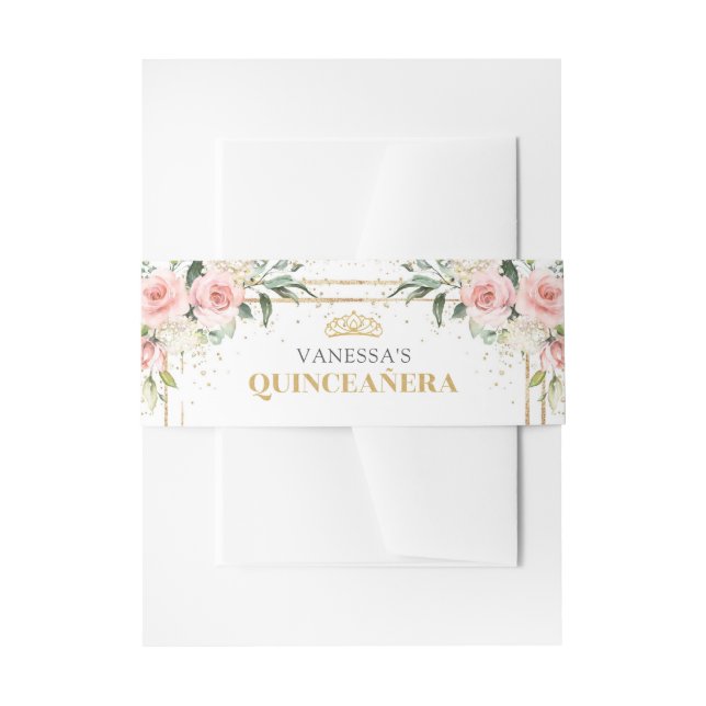Cintas Para Invitaciones Boho Rubor rosa rosa tiara sage de oro Quinceañera (Anverso Ejemplo)