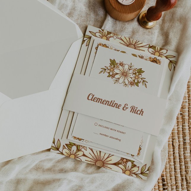 Cintas Para Invitaciones Boho y Boda Neutral Retro (Trendy vintage style wedding belly bands with retro script)