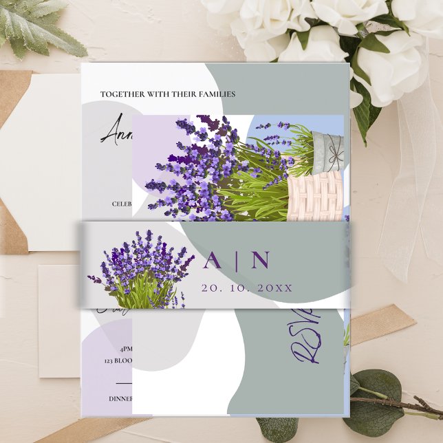 Cintas Para Invitaciones Bonito de lavanda Monograma Boda Purple Floral (Lavender Pretty Monogram Purple Floral Wedding Invitation Belly Band)