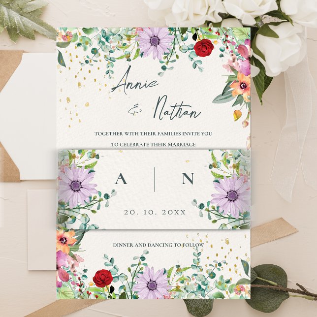 Cintas Para Invitaciones Bonito Elegante Monograma Iniciales Boda Floral (Pretty Elegant Monogram Initials Floral Wedding Invitation Belly Band)