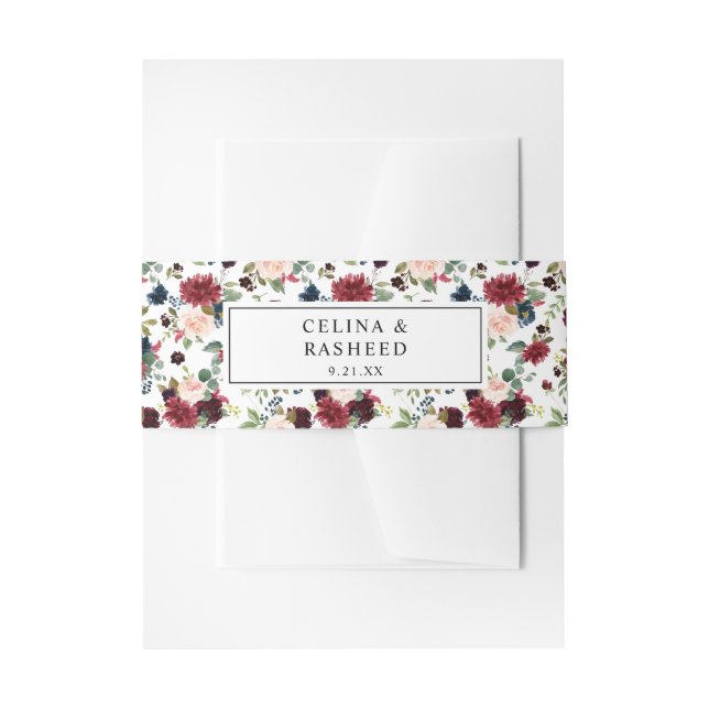 Cintas Para Invitaciones Borgoña y marina, floral rosa Rubor 3 (Anverso Ejemplo)