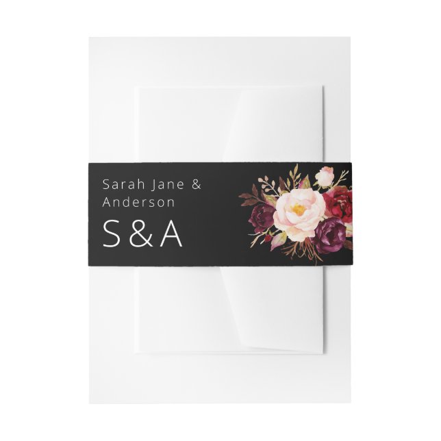 Cintas Para Invitaciones Burgundy Marsala y Pink Floral - Negro (Anverso Ejemplo)