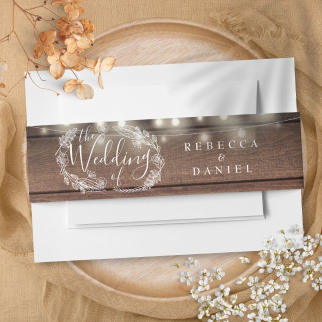 Cintas Para Invitaciones Cadena De Madera Rústica Ilumina Boda Floral (Rustic Wood String Lights Floral Wedding Invitation Belly Band)