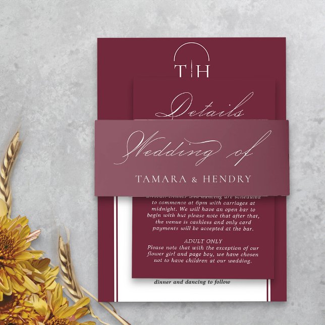 Cintas Para Invitaciones Caligrafía elegante de Boda de Borgoña (Elegant burgundy wedding invitation belly bands from my Wedding Colors collection)