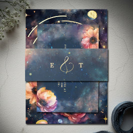 Cintas Para Invitaciones Celestial Floral Galaxy Starry Night Blue Wedding