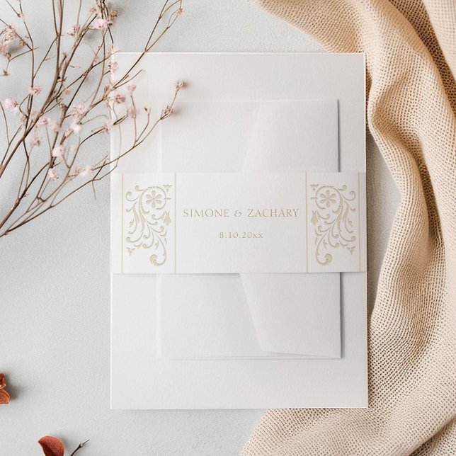 Cintas Para Invitaciones Chic Formal Ecru Scrollwork Border Wedding (Subido por el creador)