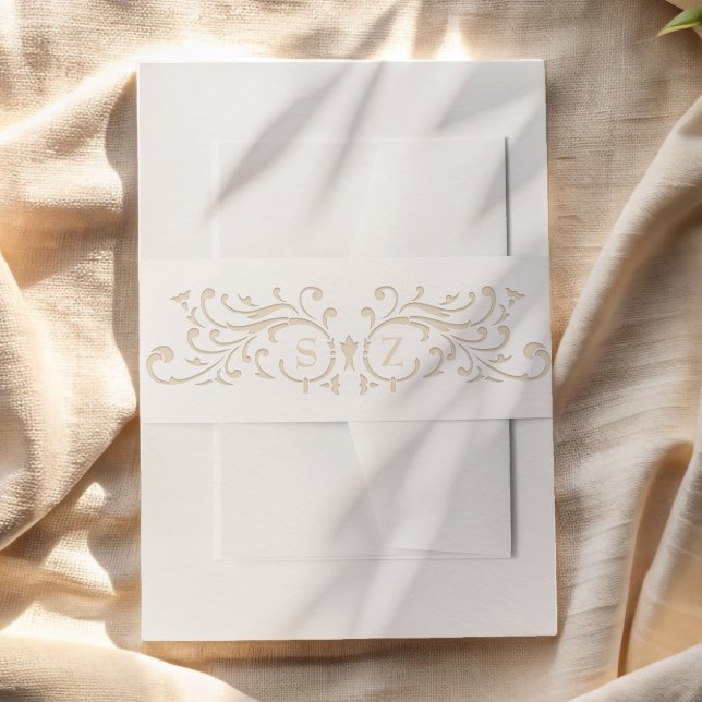 Cintas Para Invitaciones Chic Formal Ecru Scrollwork Monogram Wedding (Subido por el creador)