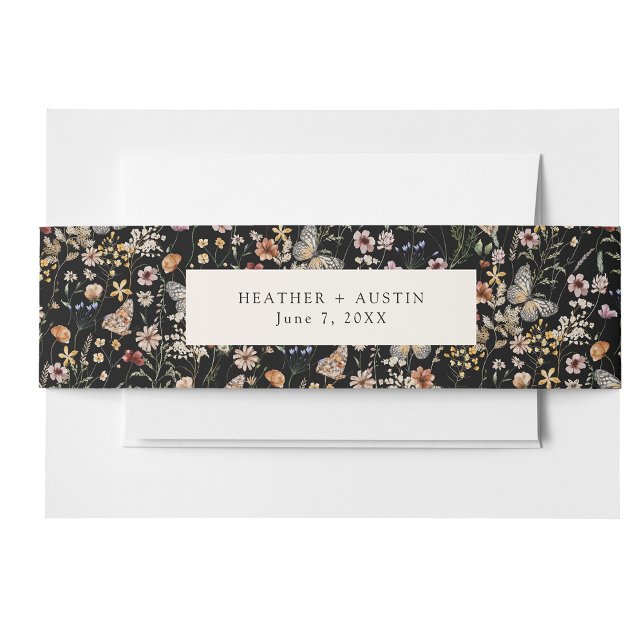 Cintas Para Invitaciones Cinturón de Invitación Boho Negro (Black Boho Floral Wedding Invitation Belly Band by Painted Paperie)