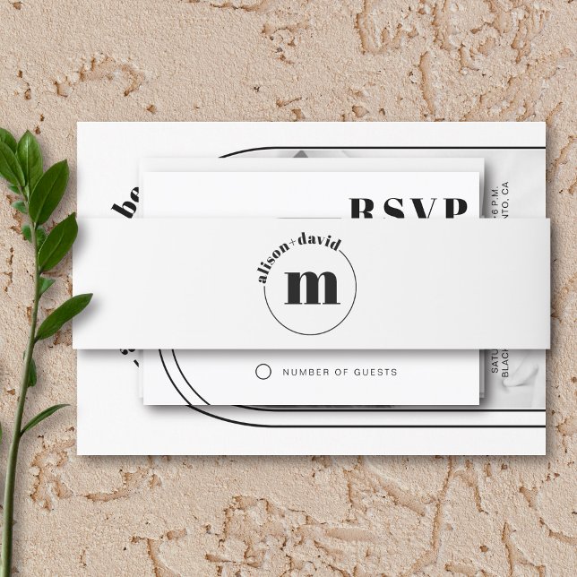 Cintas Para Invitaciones Círculo con nombres y boda blanco negro monograma (Subido por el creador)