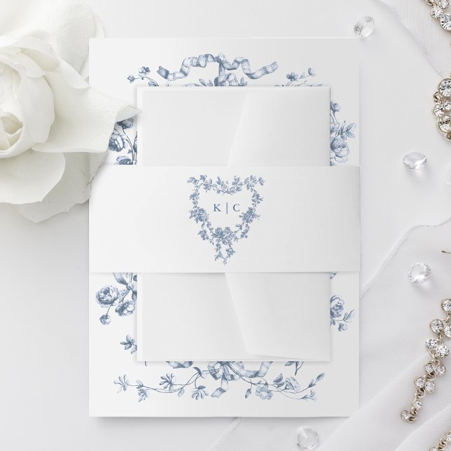 Cintas Para Invitaciones Classic French Blue Flowers Monogram Crest (Subido por el creador)