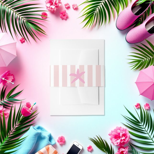 Cintas Para Invitaciones Club Social Starfish Beach de rayas rosas y blanca (Pink and White Striped Starfish Beach Social Club Invitation Belly Band)