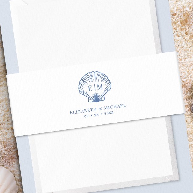 Cintas Para Invitaciones Coastal Blue Beach Shell Monogram Wedding (Subido por el creador)