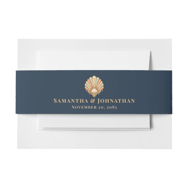 Cintas Para Invitaciones Concha de boda azul naranja almeja (Anverso Ejemplo)
