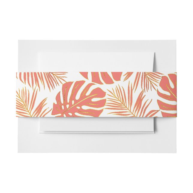 Cintas Para Invitaciones Corales tropicales, monstera dorada, boda de hojas (Anverso Ejemplo)