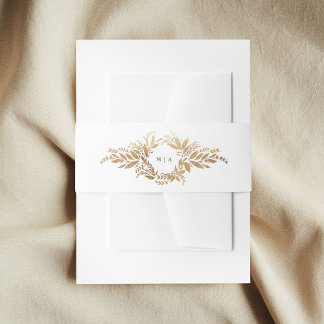 Cintas Para Invitaciones corona botánica dorada con doble monograma de boda