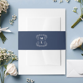 Cintas Para Invitaciones Cresta Botánica Azul Marino y Monograma Blanco par