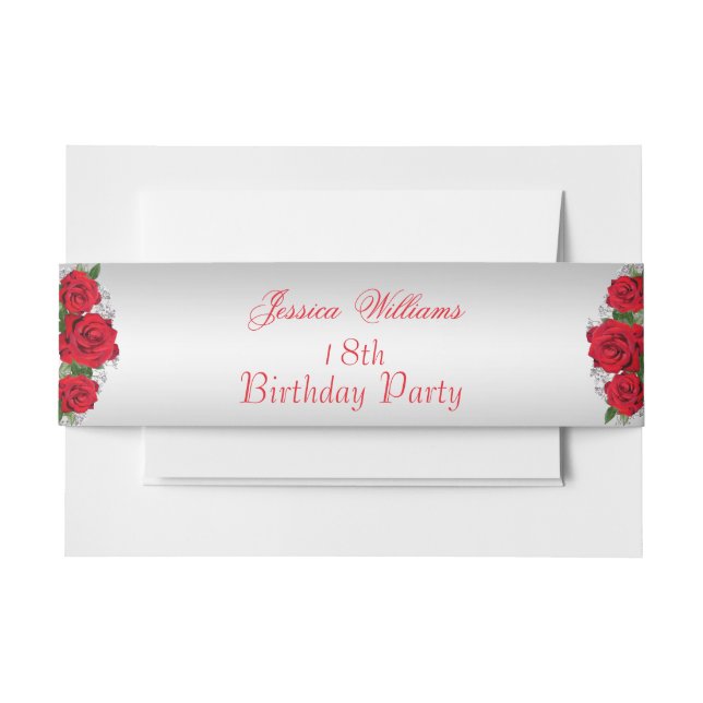 Cintas Para Invitaciones Cumpleaños de hermosas rosas rojas románticas (Anverso Ejemplo)