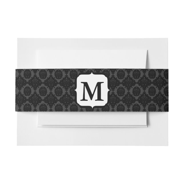 Cintas Para Invitaciones Damasco blanco negro y gris monograma (Anverso Ejemplo)
