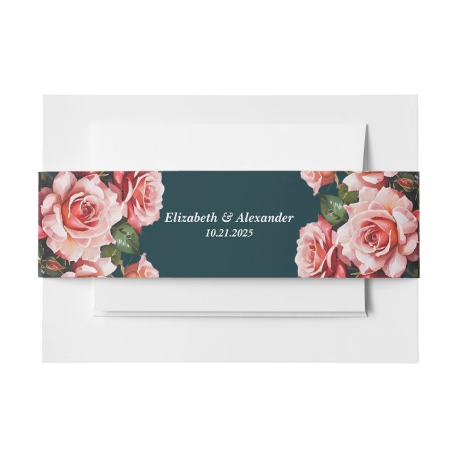 Cintas Para Invitaciones Dark moody pink and red roses teal wedding (Anverso Ejemplo)