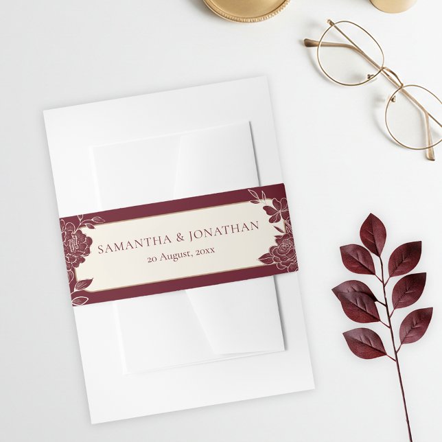 Cintas Para Invitaciones Deep Burgundy Floral Wedding Invitation Belly Band (Deep Burgundy Floral Line Art with Ivory Wedding Invitations Belly Band)
