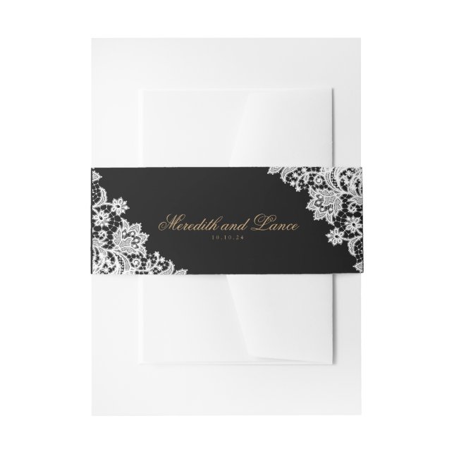 Cintas Para Invitaciones Delicada esquina de encaje negro y Boda de guiones (Anverso Ejemplo)
