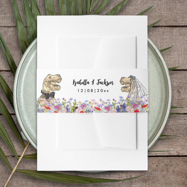 Cintas Para Invitaciones Dinosaurio Boda Wildflower (Dinosaur themed wedding T-Rex bride and groom in colorful wildflower meadow custom belly bands)