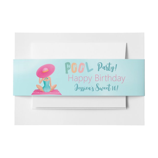 Cintas Para Invitaciones Divertido Fiesta de la piscina de verano acuarela  (Anverso Ejemplo)