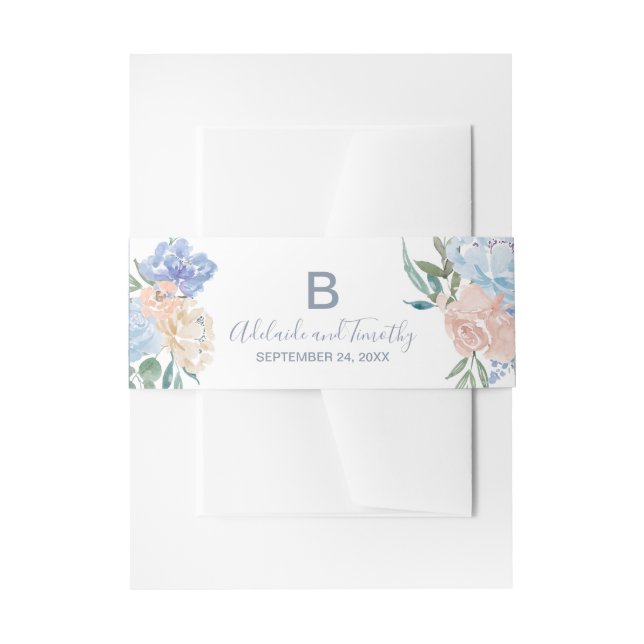 Cintas Para Invitaciones Dusty Blue Florals Boda Belly Banda (Anverso Ejemplo)