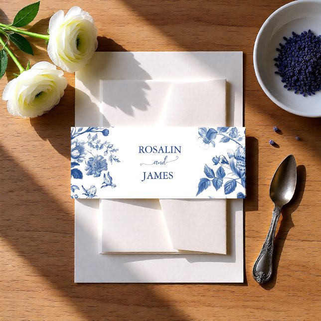 Cintas Para Invitaciones Dusty Blue Toile Floral Wedding Invitation (Dusty Blue Toile Floral Wedding Invitation Belly Band)