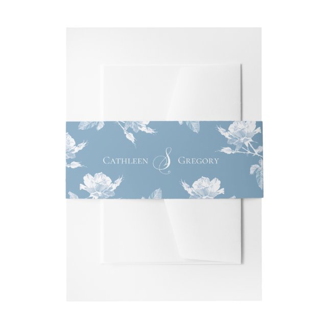 Cintas Para Invitaciones Dusty Blue White Roses Floral Wedding  (Anverso Ejemplo)