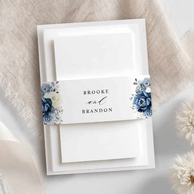 Cintas Para Invitaciones Dusty Marina Azul Champagne Boda de marfil (Dusty Blue Navy Champagne Ivory Floral Wedding Invitation Belly Band)