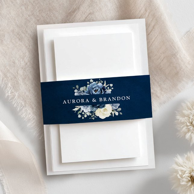 Cintas Para Invitaciones Dusty Marina Azul Champagne Boda de marfil (Dusty Blue Navy Champagne Ivory Floral Wedding Invitation Belly Band)