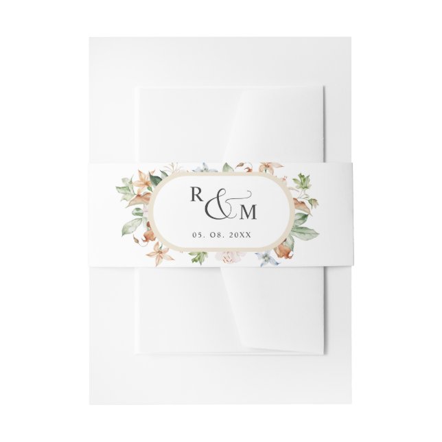 Cintas Para Invitaciones Earthy Blooms White Beige Oval Monograma Boda (Anverso Ejemplo)