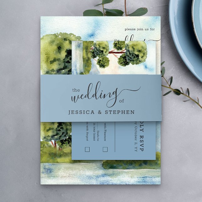 Cintas Para Invitaciones El Boda Del Elegante Guión Azul Llanto (Blue Wedding invitation belly band from my Lake Evergreen wedding collection)