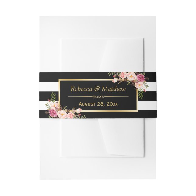Cintas Para Invitaciones El casarse blanco de las rayas del negro floral (Anverso Ejemplo)