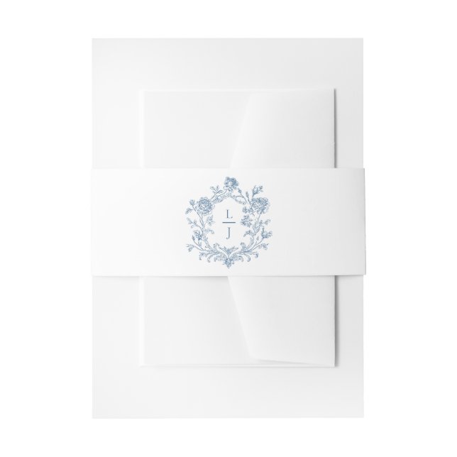 Cintas Para Invitaciones Elegant Blue Floral Crest Monogram Wedding Invite (Anverso Ejemplo)