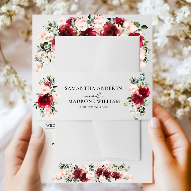 Cintas Para Invitaciones Elegant Burgundy Blush Floral Roses Wedding (Subido por el creador)
