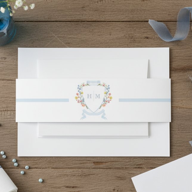 Cintas Para Invitaciones Elegant Dusty Blue Pastel Wildflower Crest Wedding (Subido por el creador)