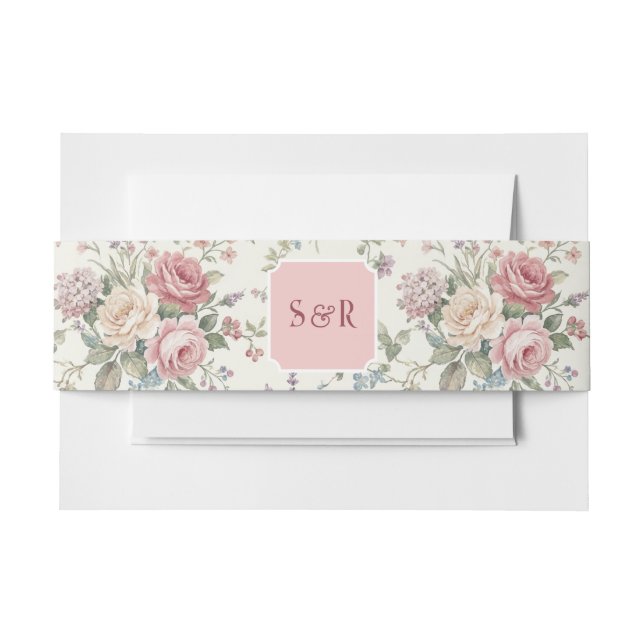 Cintas Para Invitaciones Elegant Monogram Pastel Roses Shabby Chic Wedding  (Anverso Ejemplo)