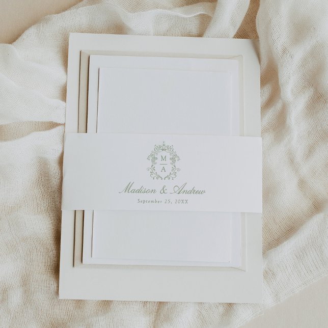 Cintas Para Invitaciones Elegant Sage Chinoiserie Crest Monogram Wedding (Subido por el creador)