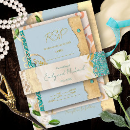 Cintas Para Invitaciones Elegant Turquoise Gold Floral Lace Wedding        