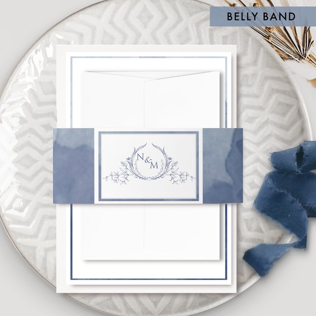 Cintas Para Invitaciones Elegante acuarela azul de la marina, Boda de monog (Subido por el creador)